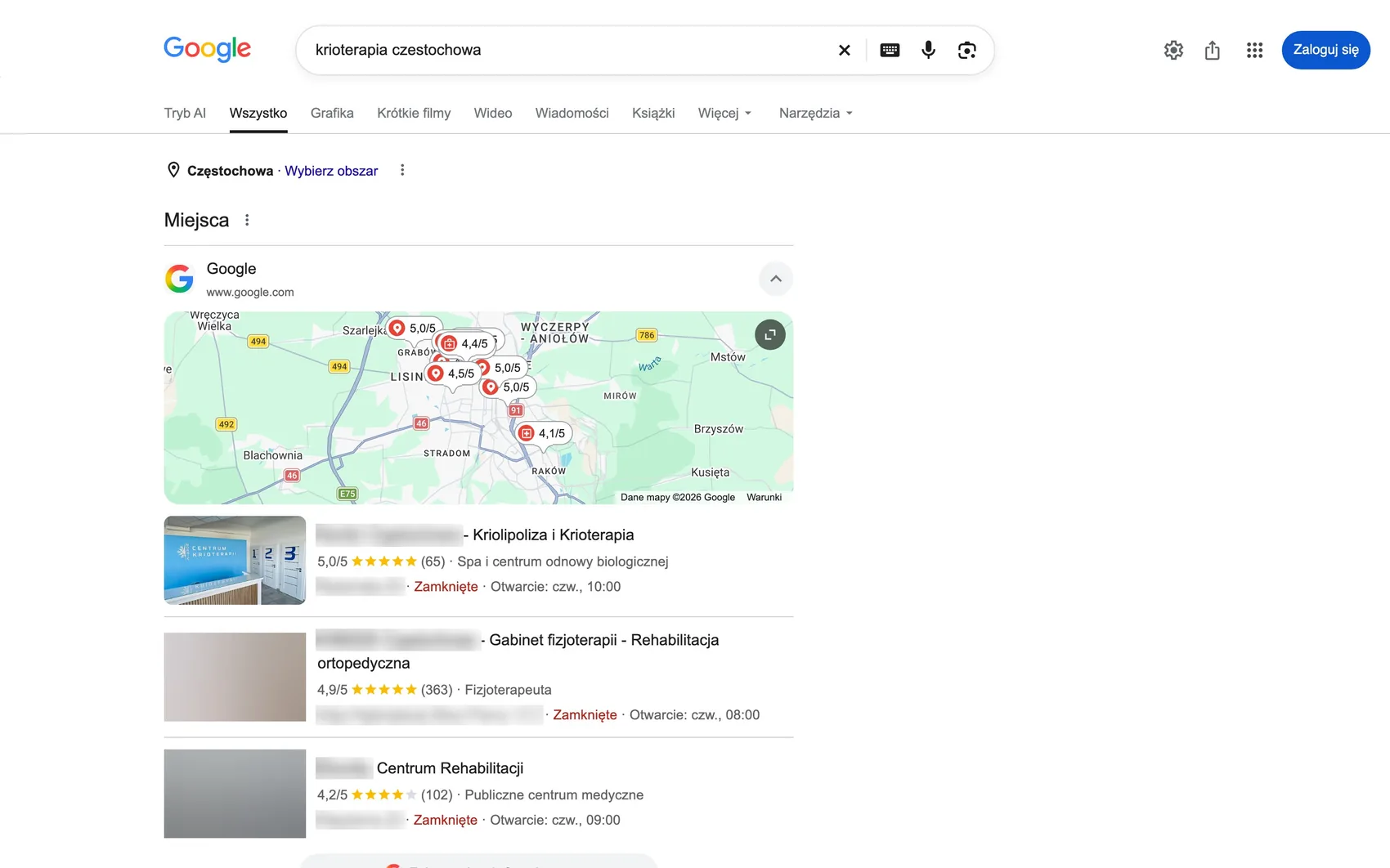 Wyniki Google na komputerze: fraza, reklamy, mapa i wyniki organiczne