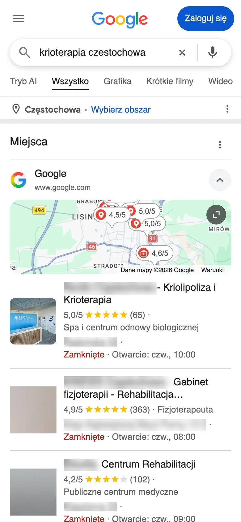 Wyniki Google na telefonie: fraza i firmy na mapie