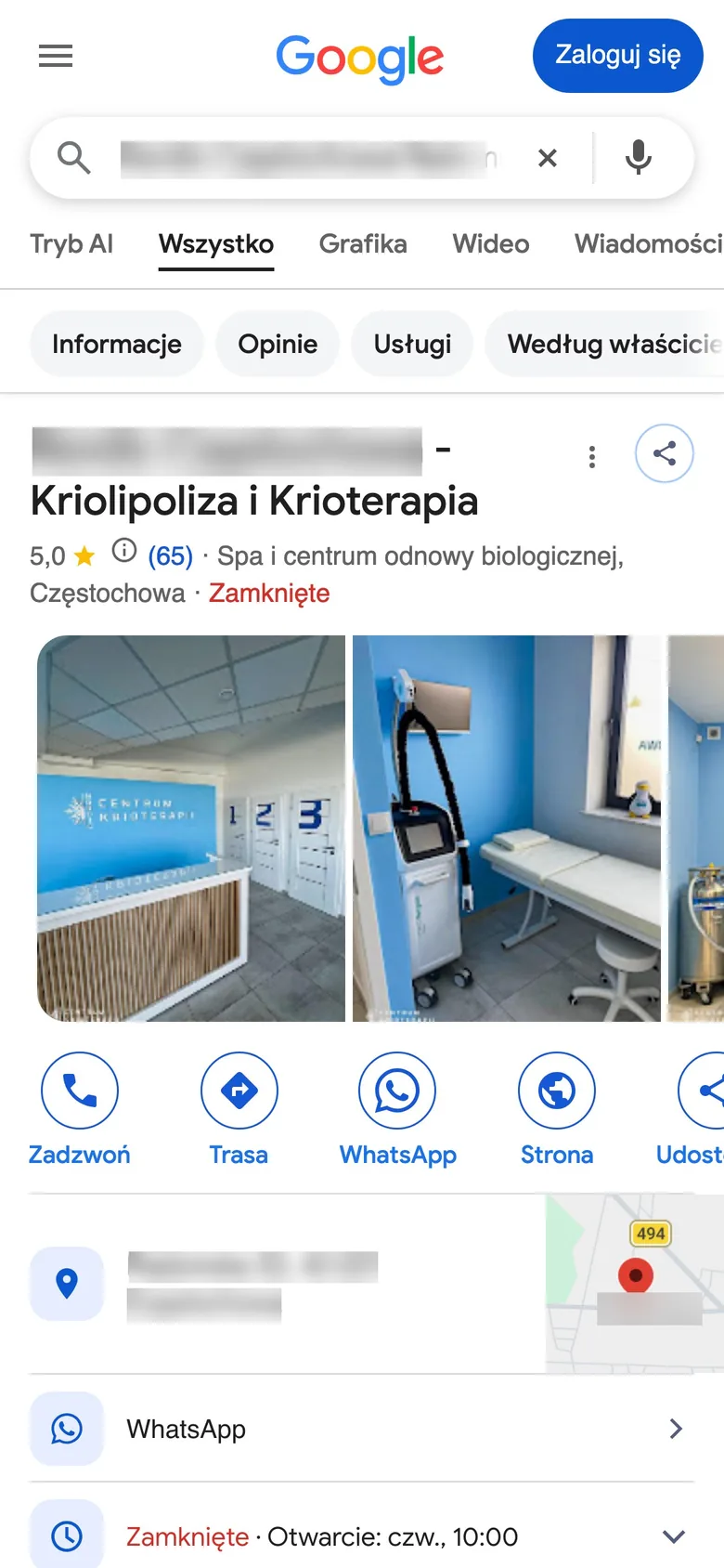 Wizytówka firmy w wynikach Google na telefonie
